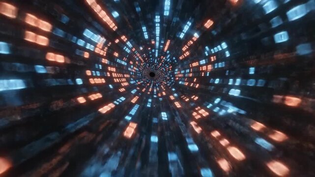 Digital data tunnel with binary code in blue and red light effects