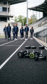 Dumbbells on stadium track with blurred athletes, modern sports training and advertising background