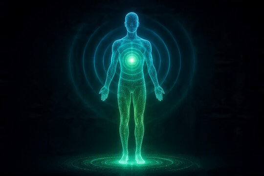 Glowing human silhouette with energy radiating from the body.