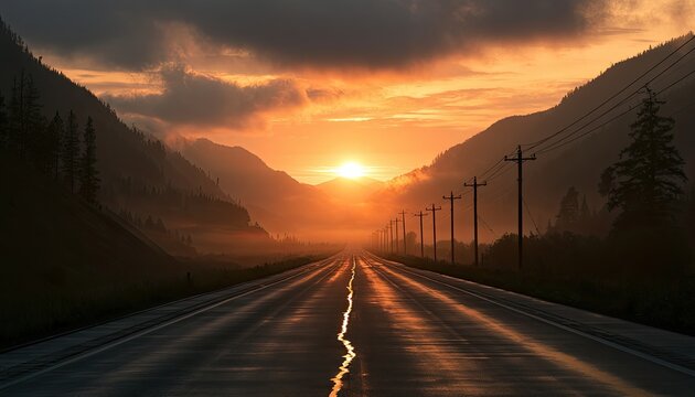 Golden sunset paints a desolate highway stretching through misty mountains