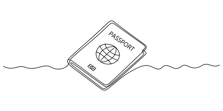 Continuous single line drawing of a travel passport document for international identity identification Vector, illustration