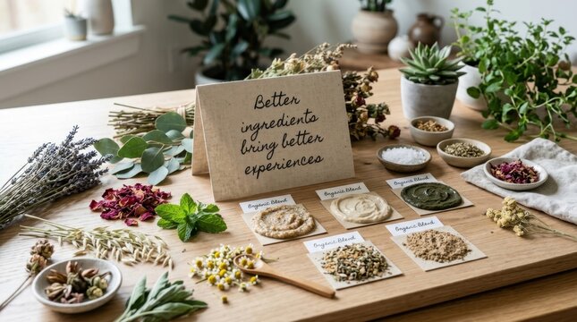 Natural organic skincare ingredients including dried herbs flowers and masks displayed on a wooden table with a handwritten message sign about quality for beauty wellness and holistic therapy service