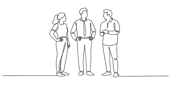 Continuous single line drawing of three business people talking and standing together for a meeting illustration isolated on a white background Vector, illustration