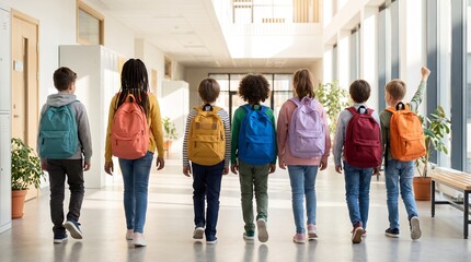 Obraz premium Elementary School Children Walking Together Through Bright Hallway With Colorful Backpacks, Back to School Concept