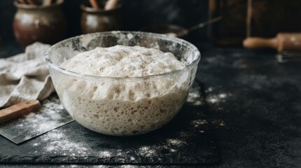 Fototapeta premium Active fermentation of yeast dough creates large bubbles inside a transparent glass bowl.
