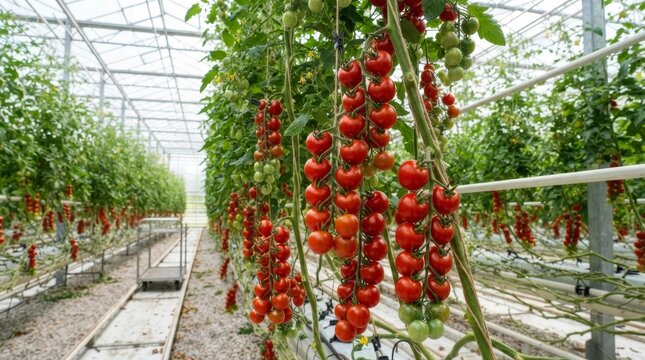 Fresh red and green tomatoes grow on tall plants in a modern agricultural greenhouse.