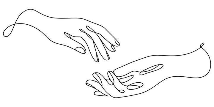 Continuous single line drawing of two hands reaching towards each other Vector, illustration
