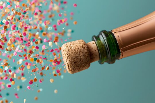 Champagne Cork Popping with Colorful Confetti Explosion. champagne cork popping out of a bottle neck, sending a cloud of pastel confetti flying on a light blue background.