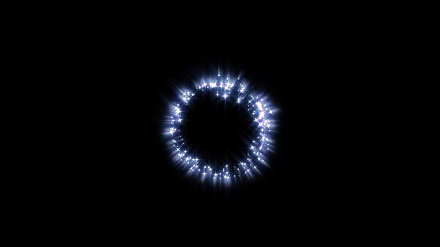Glittering ring of sparkling blue starlets in 4k creating a swirling portal with luminous light ray glints and magical spinning motion overlay for video