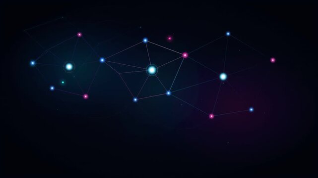 Abstract futuristic digital network background featuring glowing cyan and magenta low-poly wireframe mesh nodes in a seamless loop.
