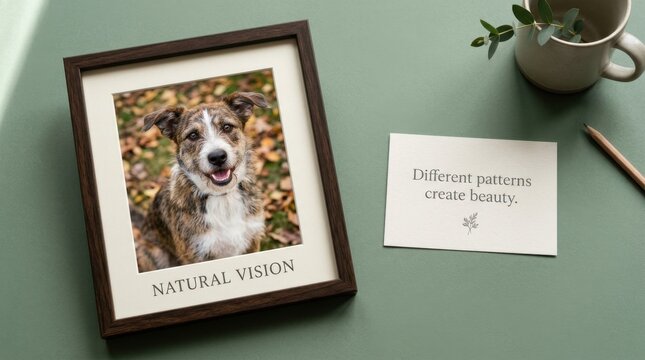 Professional flat lay of a framed photo featuring a happy brindle dog on autumn leaves, placed on a green surface beside a note card, ceramic mug, and pencil. Ideal for home decor and pet concepts