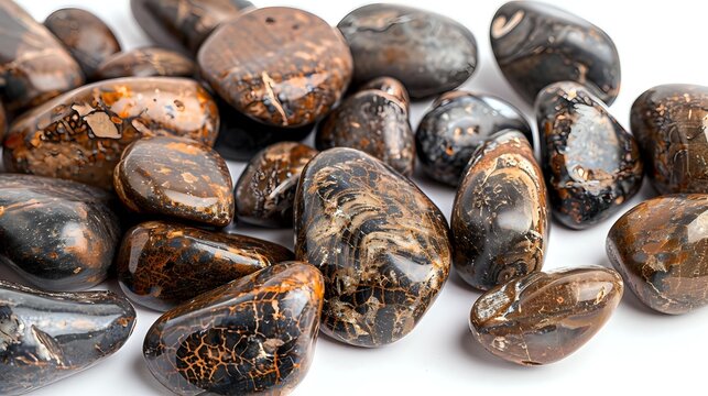 Polished bronzite gemstones with natural brown patterns arranged on white background, perfect for jewelry design, mineralogy, and healing crystal collections.