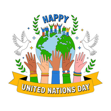 Diverse hands raised together around planet earth with peace doves and ribbons celebrating the annual international united nations day event