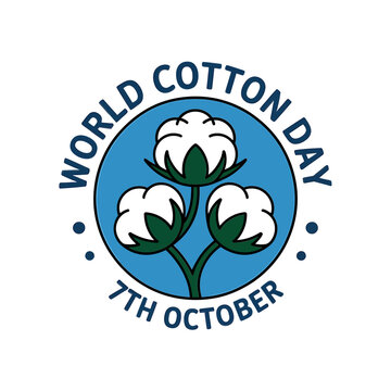 World cotton day logo design featuring three soft white fluffy plant flowers inside a blue circle with bold dark text
