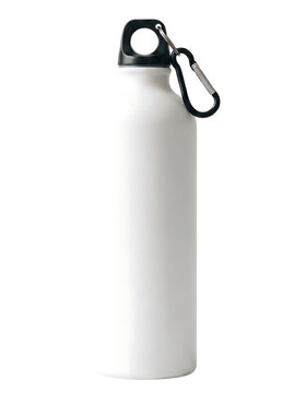 White reusable metal water bottle with carabiner clip