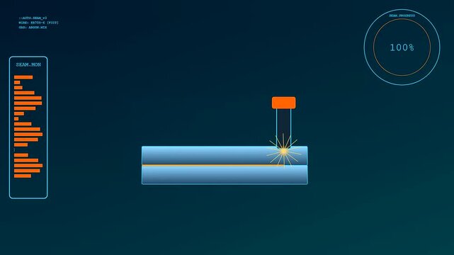 Futuristic digital software monitors the progress of precision robot welding as an automated laser emitter moves across blue metallic plates during manufacturing