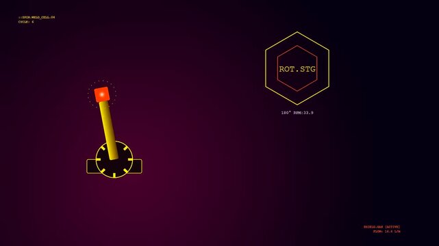 Monitoring the rotation stage of a robot welding system display with changing parameters and a virtual dial indicator on dark background.