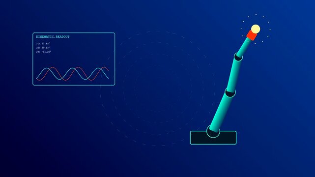 A futuristic simulation of robot welding mechanics showcases precise robotic arm movement and joint trajectory visualization with real time kinematic data tracking.