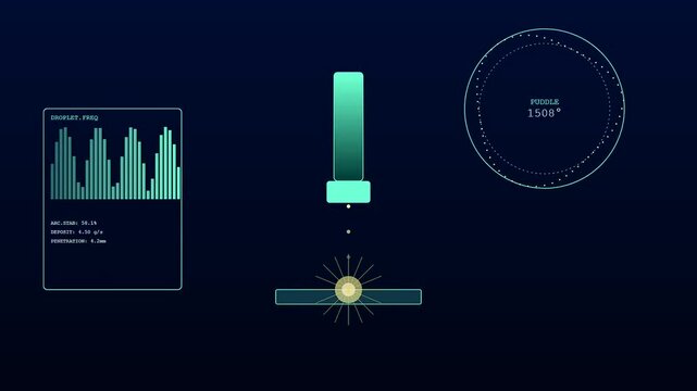 Digital displays showing a robot welding process with glowing laser metrics and floating particle data visualizations set against a deep dark navy blue studio atmosphere