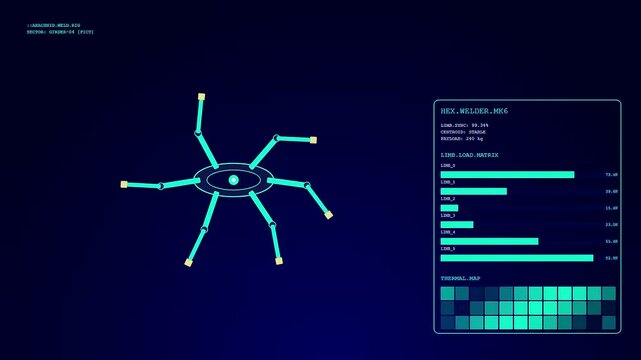 A digital UI shows diagnostics for a robot welding machine, tracking limb load fluctuations and thermal mapping on a futuristic sci-fi display screen.