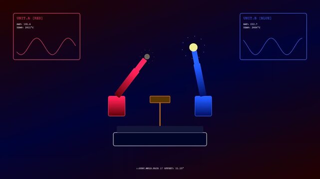 Futurist UI elements monitor active robot welding arms as they move dynamically back and forth simulating a precise manufacturing process in a clean vector style