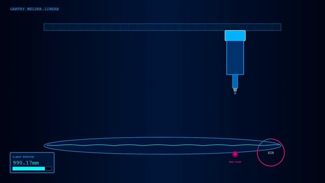 This high tech digital interface displays a precise robot welding process showing a moving gantry head with shifting coordinates and operation progress metrics.