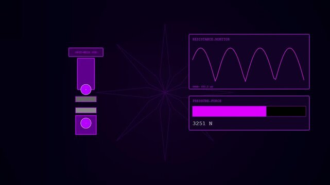Futuristic sci fi HUD screen monitoring automated robot welding processes by displaying live sensor diagnostics of electrode force pressure and resistance.