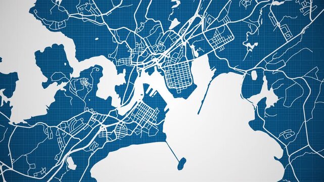 Ink reveal animation of Saint John city, New Brunswick (NB), Canada grid map. Aerial top view. Blueprint style. White lines with blue background. 4K Seamless loop.