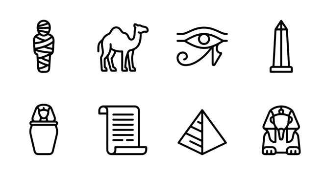 Ancient Egyptian Icons Set: Mummy, Camel, Eye of Horus, Pyramid, Sarcophagus, Scroll, Obelisk, Sphinx