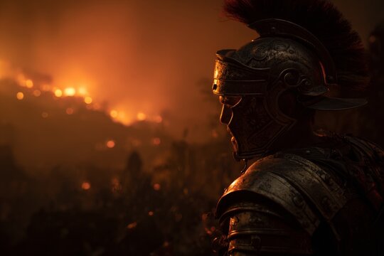 Hamilcar Barca in military armor standing in front of a burning city, war-torn landscape with smoke and flames, dramatic and moody historical battlefield scene.