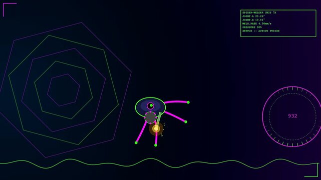 In a stylized retro scientific HUD display, a robot welding device moves steadily along a green vector wave to fuse virtual geometric shapes