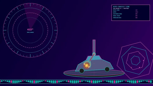 Futuristic digital HUD dashboard displays active robot welding on a rotating automotive chassis while diagnostic data scales and interface dials spin seamlessly.