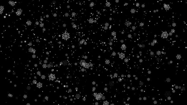 Realistic falling snowflakes and snow particles animation isolated on transparent background. Winter snowfall overlay with alpha channel