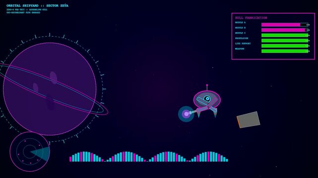 An automated spacecraft performs robot welding on a metal hull segment in orbit around a purple ringed planet with active HUD data screens.