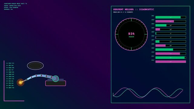 A futuristic digital screen monitors a serpentine robot welding inside a simulated pipeline showing joint diagnostics and real time system performance telemetry.