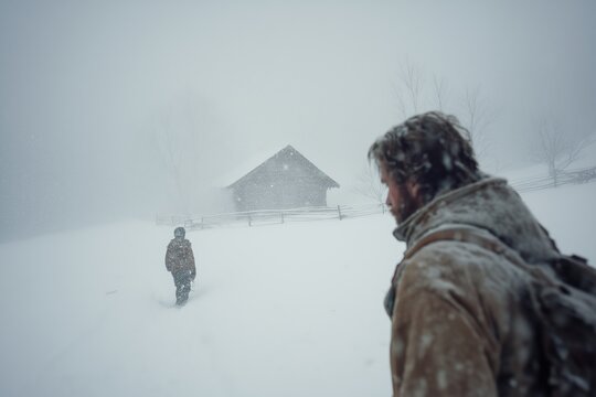 Lone survivor and child walking through heavy snowfall toward distant cabin with chimney smoke, dramatic winter survival scene with blizzard, silhouettes, and tense cinematic atmosphere.