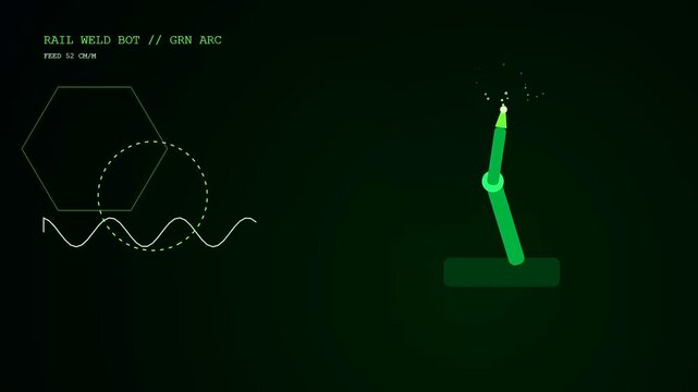 A digital user interface displays animated robot welding sequences with green vector lines representing speed adjustments and geometric data for automation systems.