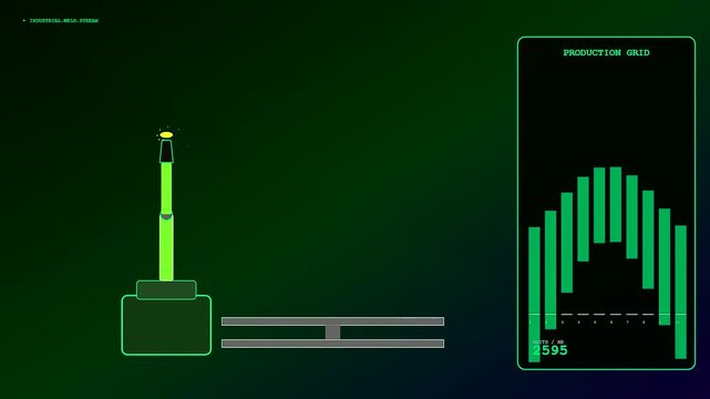 Industrial robot welding arm performing precise metal fabrication movements with digital interface overlay showing fluctuating data levels in a dark green monochromatic studio setting monitor display
