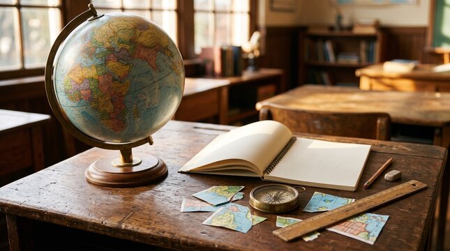 Vintage wooden school desk with a globe, open notebook, compass, and map scraps 