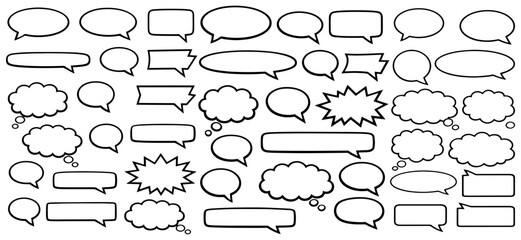 Fototapeta premium Hand Drawn Speech Bubble Collection, Black Outline Speech and Thought Bubble, Conversation, Thought, Comic, Quote and Message Balloons