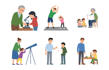 Fototapeta premium Set of illustrations showing adults and children engaging in educational, active, and creative shared activities.