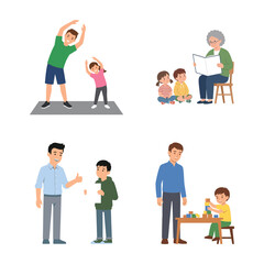 Fototapeta premium Diverse scenes of adults and children interacting through exercising, reading, teaching, and playing together.