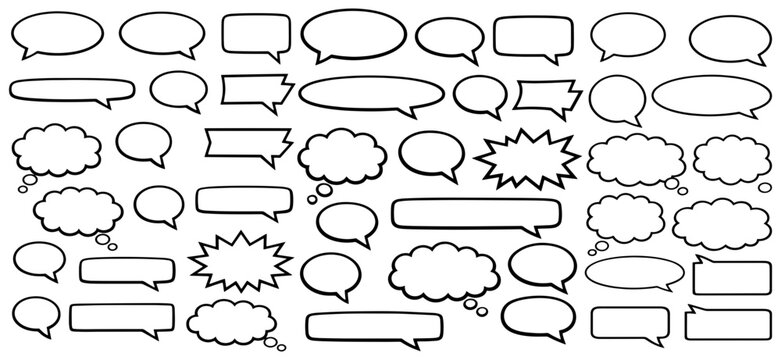 Hand Drawn Speech Bubble Collection, Black Outline Speech and Thought Bubble, Conversation, Thought, Comic, Quote and Message Balloons