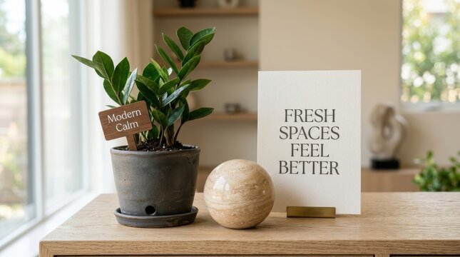 Green potted zamioculcas plant sits on a wooden table beside a decorative stone marble sphere and a white card displaying the quote fresh spaces feel better within a bright minimalist