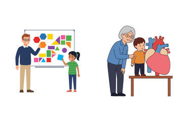 Fototapeta premium Teacher instructing a student with geometric shapes and a woman teaching a child about human heart anatomy models.