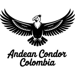 Fototapeta premium Andean condor mascot with outstretched wings and cursive typography reading Colombia, black and white bird emblem, south american wildlife mascot badge