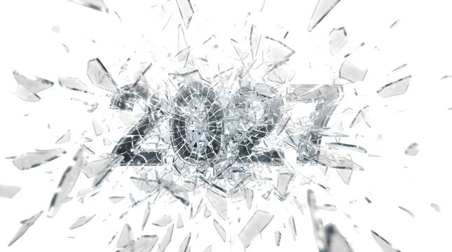 A shattered glass window with broken pieces flying apart on transparent background