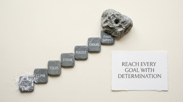Motivational stone stairs with words start climb focus strive persist endure and summit representing the journey to reach every single goal with pure determination and professional mindset of success.