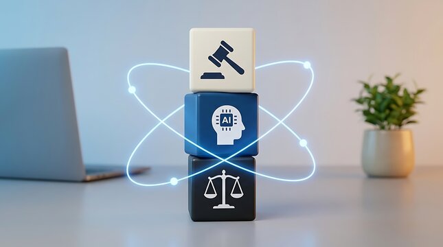 AI law and justice concept with stacked cubes and atom symbol
