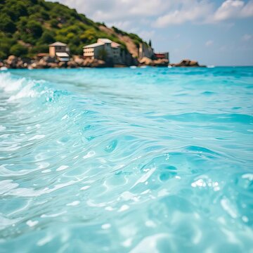 Turquoise water laps gently against the shore, a serene haven amidst the waves, shells, green